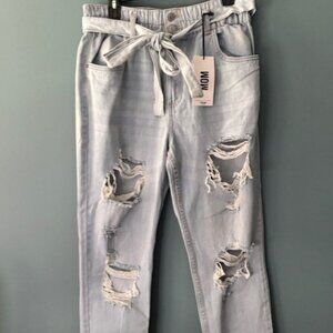 Refuge Mom Paperbag High Rise Distressed Belted Light Wash Streetwear XL NWT